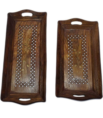 Handcrafted Wooden Serving Trays Set of 2 – Decorative Rectangular Tea & Snack Trays with Handles