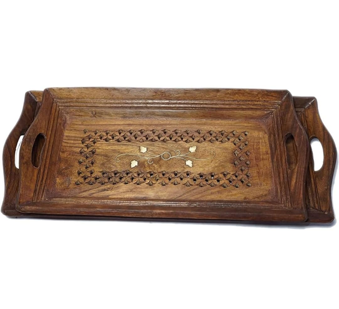 Handcrafted Wooden Serving Trays Set of 2 – Decorative Rectangular Tea & Snack Trays with Handles