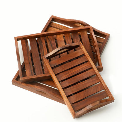 Handcrafted Wooden Serving Trays Set of 3 – Premium Acacia Wood Tea & Breakfast Trays with Handles