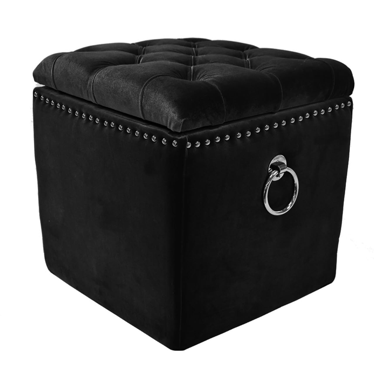 Luxury Velvet Tufted Storage Ottoman Stool – Square Footrest with Nailhead Trim & Ring Handle (Blue)