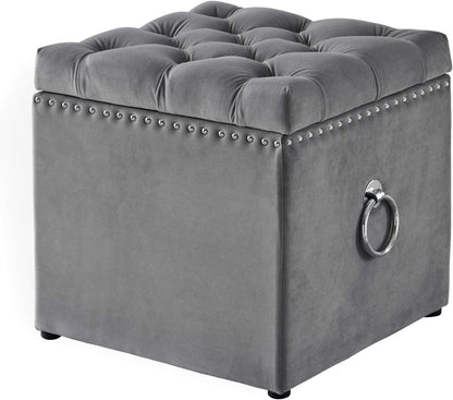 Luxury Velvet Tufted Storage Ottoman Stool – Square Footrest with Nailhead Trim & Ring Handle (Blue)
