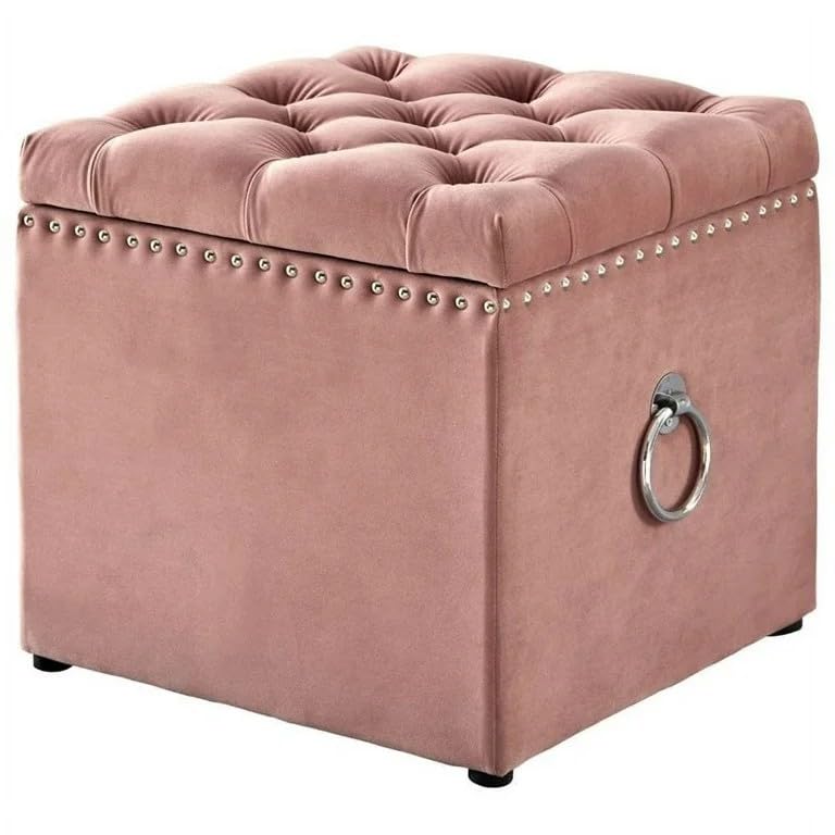 Luxury Velvet Tufted Storage Ottoman Stool – Square Footrest with Nailhead Trim & Ring Handle (Blue)