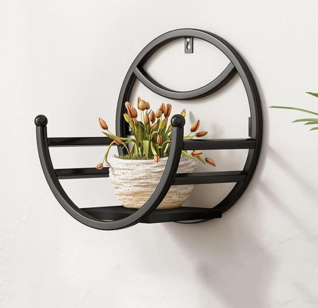 Modern Round Wall Shelf with Metal Frame | Decorative Wall Mounted Planter & Storage Rack