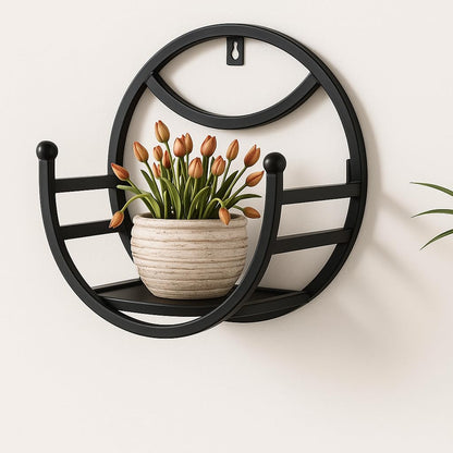 Modern Round Wall Shelf with Metal Frame | Decorative Wall Mounted Planter & Storage Rack