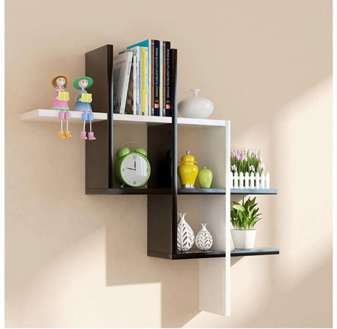 Modern Geometric Wall Mounted Bookshelf | Designer Wooden Floating Shelf for Home & Office