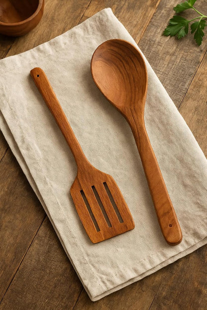 Handcrafted Wooden Cooking Spoon & Slotted Spatula Set – Natural Wood Kitchen Utensils