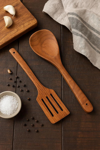Handcrafted Wooden Cooking Spoon & Slotted Spatula Set – Natural Wood Kitchen Utensils